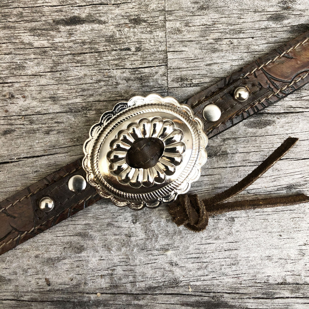 Traditional style concho on embossed leather boot bracelet