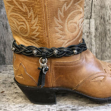 Load image into Gallery viewer, Mystery braid leather boot bracelet with pewter charms
