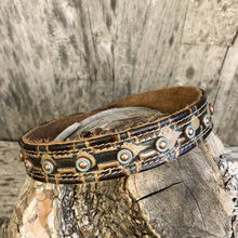 Load image into Gallery viewer, Western styled embossed leather boot bracelet with patinated copper spots.