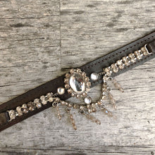 Load image into Gallery viewer, Espresso leather boot bracelet with Dancehall style chandelier crystals