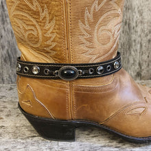 Load image into Gallery viewer, Leather boot bracelet with black cabochon style concho and crystals rivets