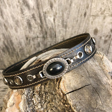 Load image into Gallery viewer, Leather boot bracelet with black cabochon style concho and crystals rivets