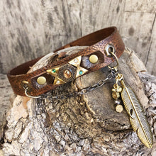 Load image into Gallery viewer, Distressed leather boot bracelet features vintage cabochon beads, crystals &amp; charms
