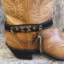 Load image into Gallery viewer, Leather boot bracelet accented with vintage cabochon beads, crystals and charms