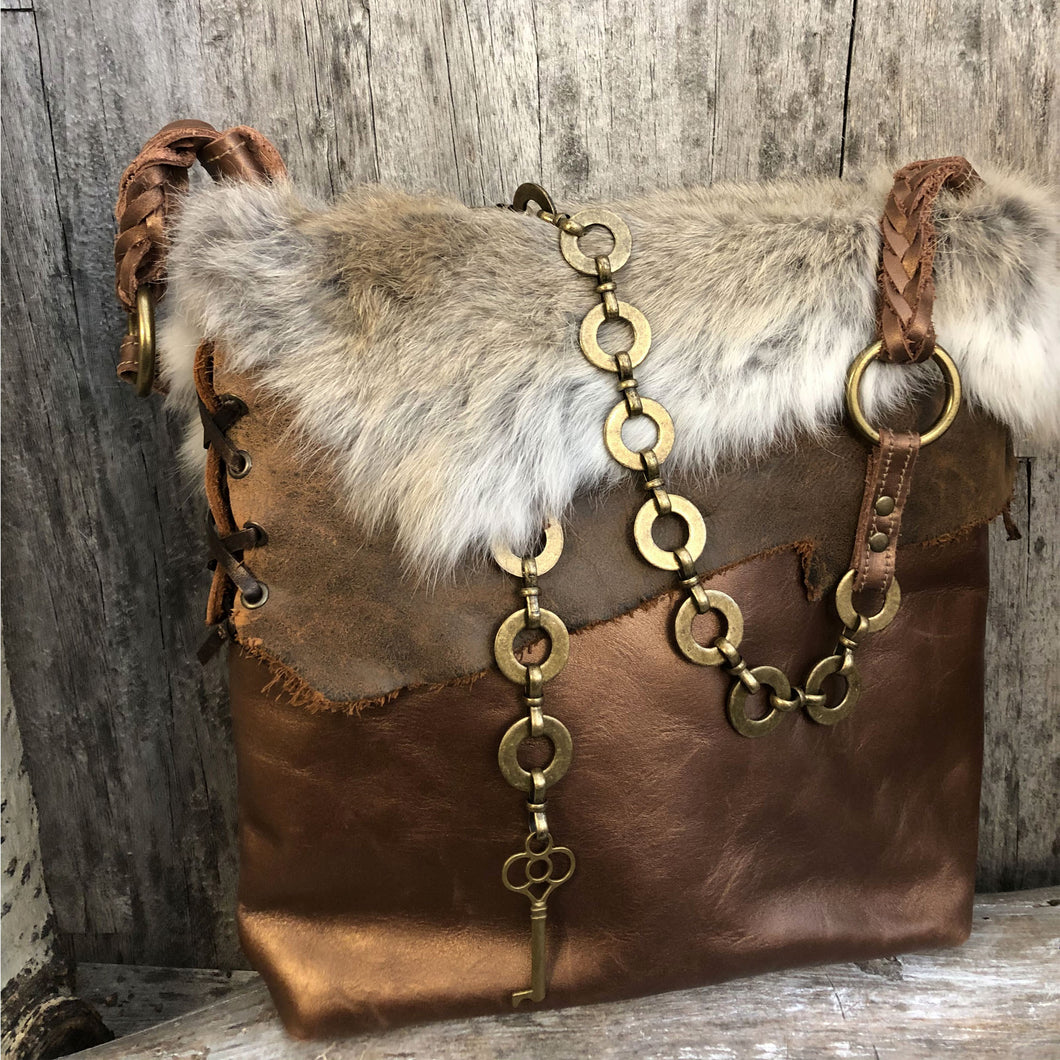 Metallic Copper Leather Tote with Rustic Leather and Fur Trim