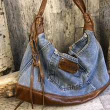 Load image into Gallery viewer, Denim and Leather Hobo Style Bag
