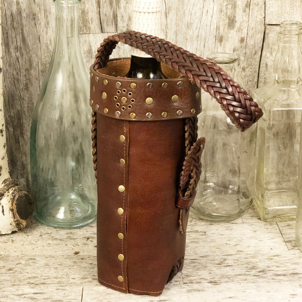 Vintage leather braided belt Spirit bottle bag