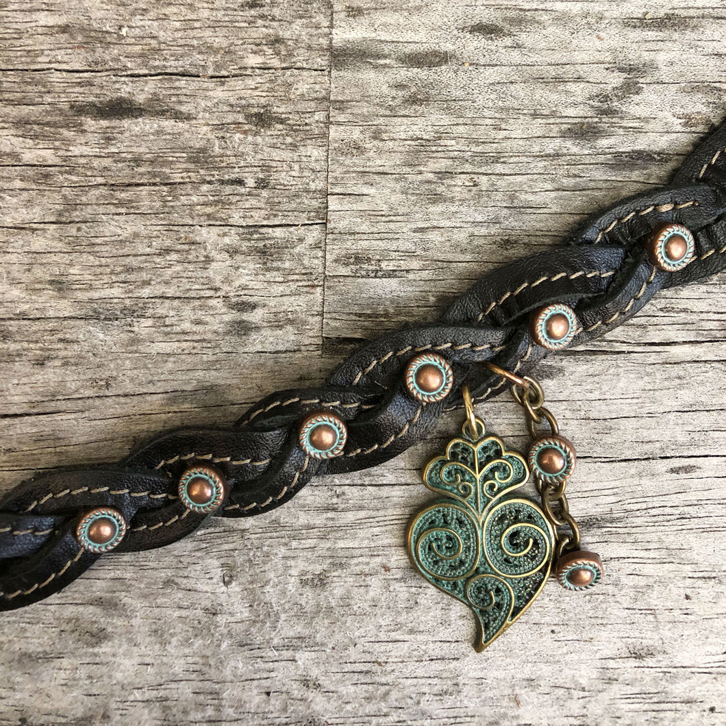 Mystery braid boot bracelet with patinated copper embellishments