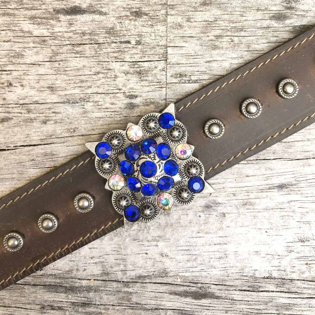 Square berry crystal concho on wide espresso leather boot bracelet