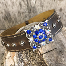 Load image into Gallery viewer, Square berry crystal concho on wide espresso leather boot bracelet
