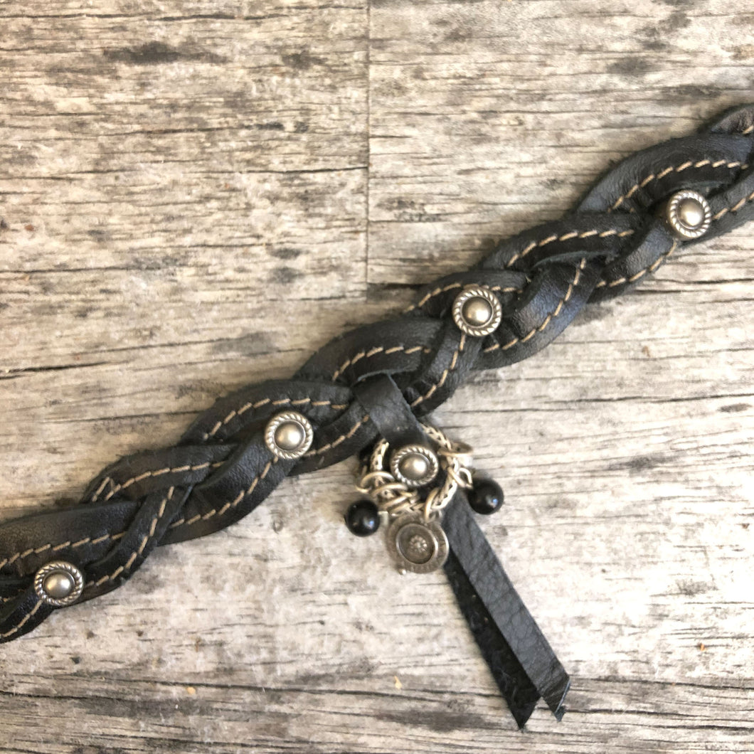 Mystery braid leather boot bracelet with pewter charms