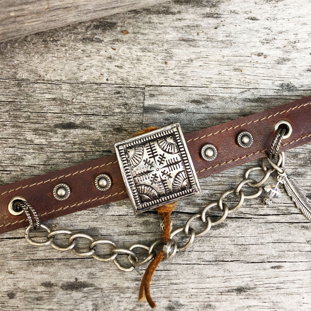 Leather boot bracelet with Vintage square concho & chain