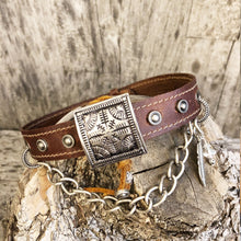 Load image into Gallery viewer, Leather boot bracelet with Vintage square concho &amp; chain
