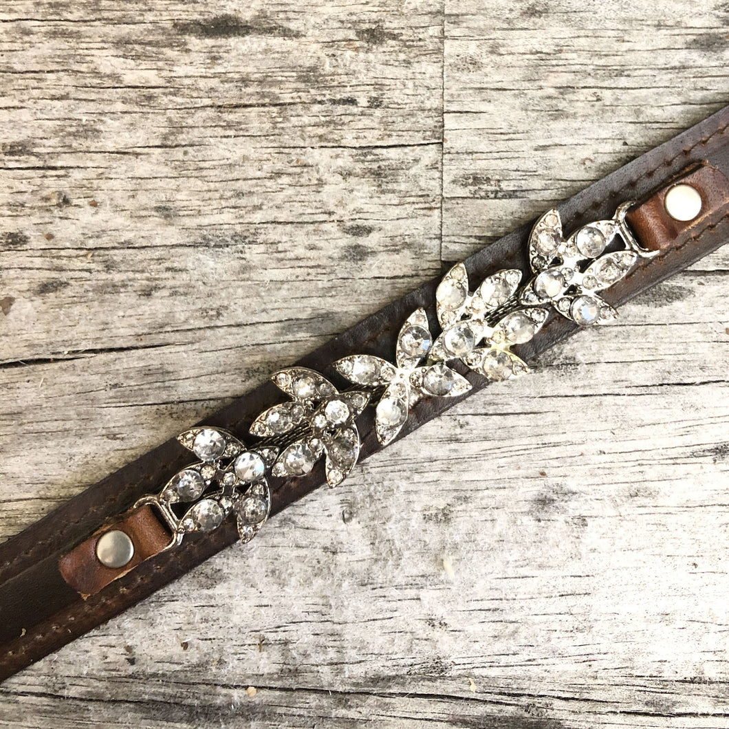 Crystal banded boot bracelet with distressed espresso leather