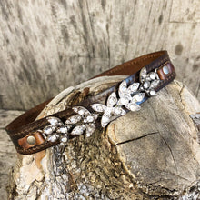 Load image into Gallery viewer, Crystal banded boot bracelet with distressed espresso leather
