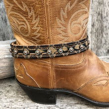 Load image into Gallery viewer, Western styled embossed leather boot bracelet with patinated copper spots.
