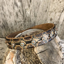 Load image into Gallery viewer, Western styled embossed leather boot bracelet with patinated copper spots.
