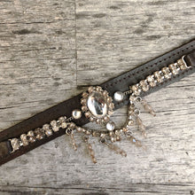 Load image into Gallery viewer, Espresso leather boot bracelet with Dancehall style chandelier crystals
