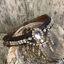 Load image into Gallery viewer, Espresso leather boot bracelet with Dancehall style chandelier crystals
