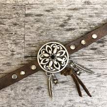 Load image into Gallery viewer, Dream catcher concho, crystals &amp; charms styled on a slim boot bracelet
