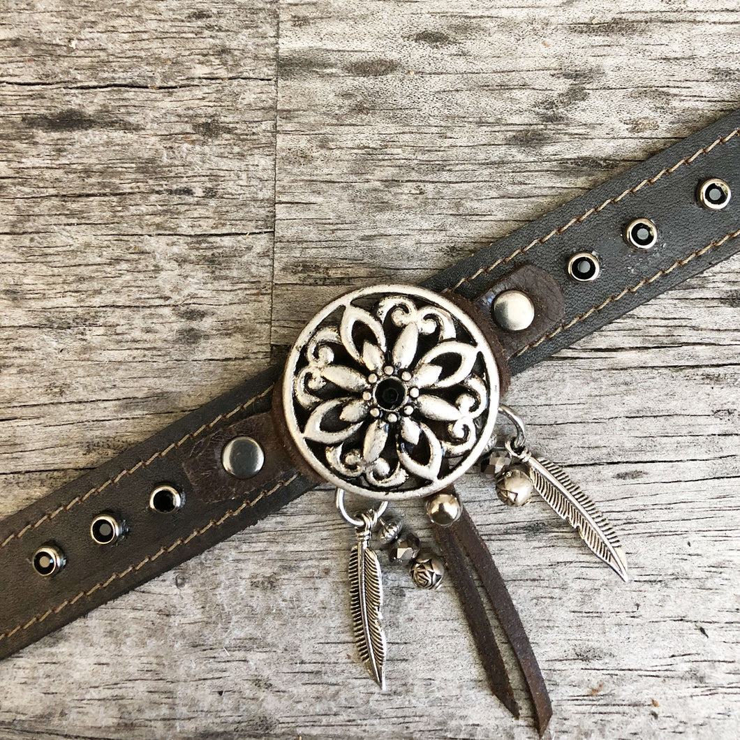 Dream catcher concho and crystals on a espresso leather strap