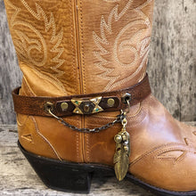 Load image into Gallery viewer, Distressed leather boot bracelet features vintage cabochon beads, crystals &amp; charms

