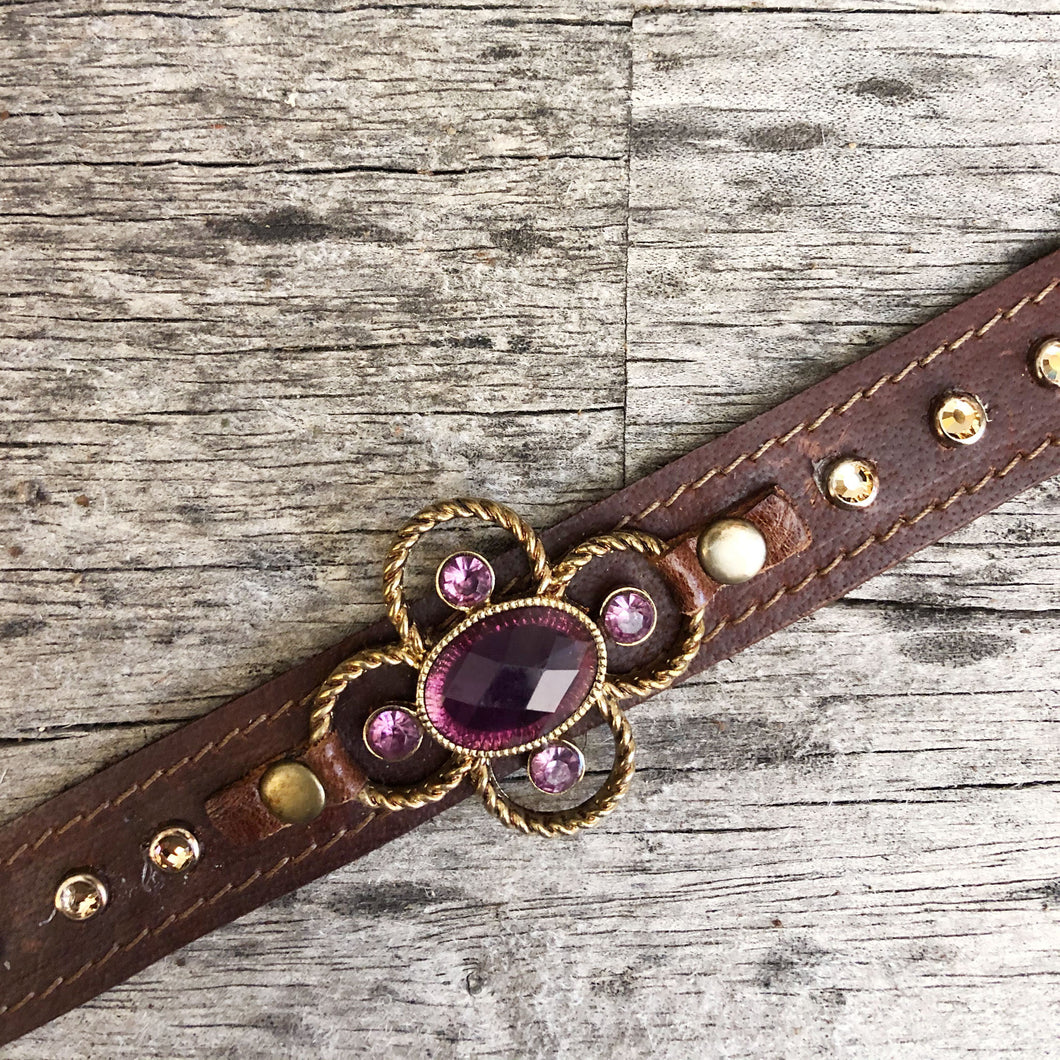 Espresso leather boot bracelet featuring crystal concho and crystal spots