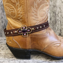 Load image into Gallery viewer, Espresso leather boot bracelet featuring crystal concho and crystal spots
