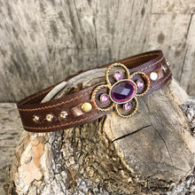 Load image into Gallery viewer, Espresso leather boot bracelet featuring crystal concho and crystal spots
