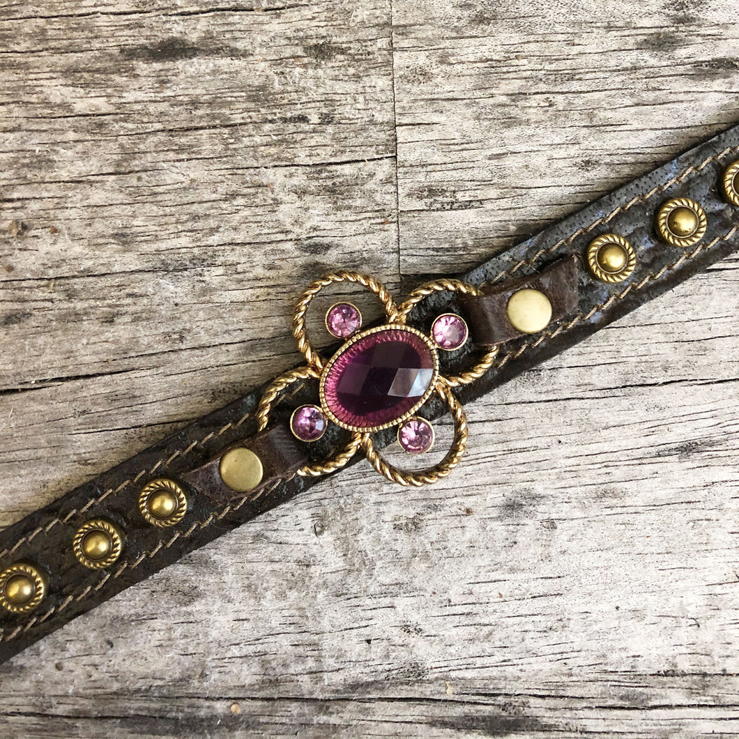 Bison textured leather boot bracelet with crystal concho and crystal spots