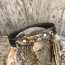 Load image into Gallery viewer, Leather boot bracelet accented with  vintage cabochon beads, crystals and charms
