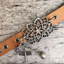 Load image into Gallery viewer, Lotus flower style concho &amp; charms on vintage whiskey leather boot bracelet
