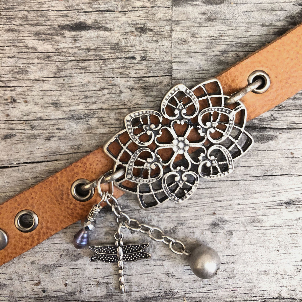 Lotus flower style concho & charms on vintage whiskey leather boot bracelet