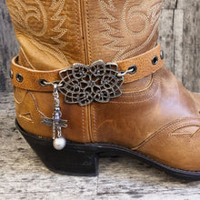 Load image into Gallery viewer, Lotus flower style concho &amp; charms on vintage whiskey leather boot bracelet
