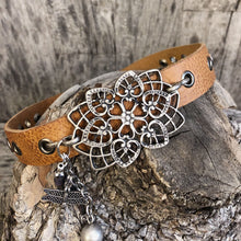Load image into Gallery viewer, Lotus flower style concho &amp; charms on vintage whiskey leather boot bracelet
