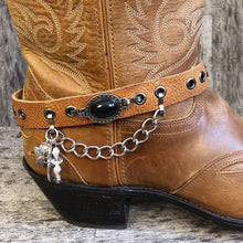 Load image into Gallery viewer, Whiskey leather boot bracelet with black cabochon style concho, chain and charms
