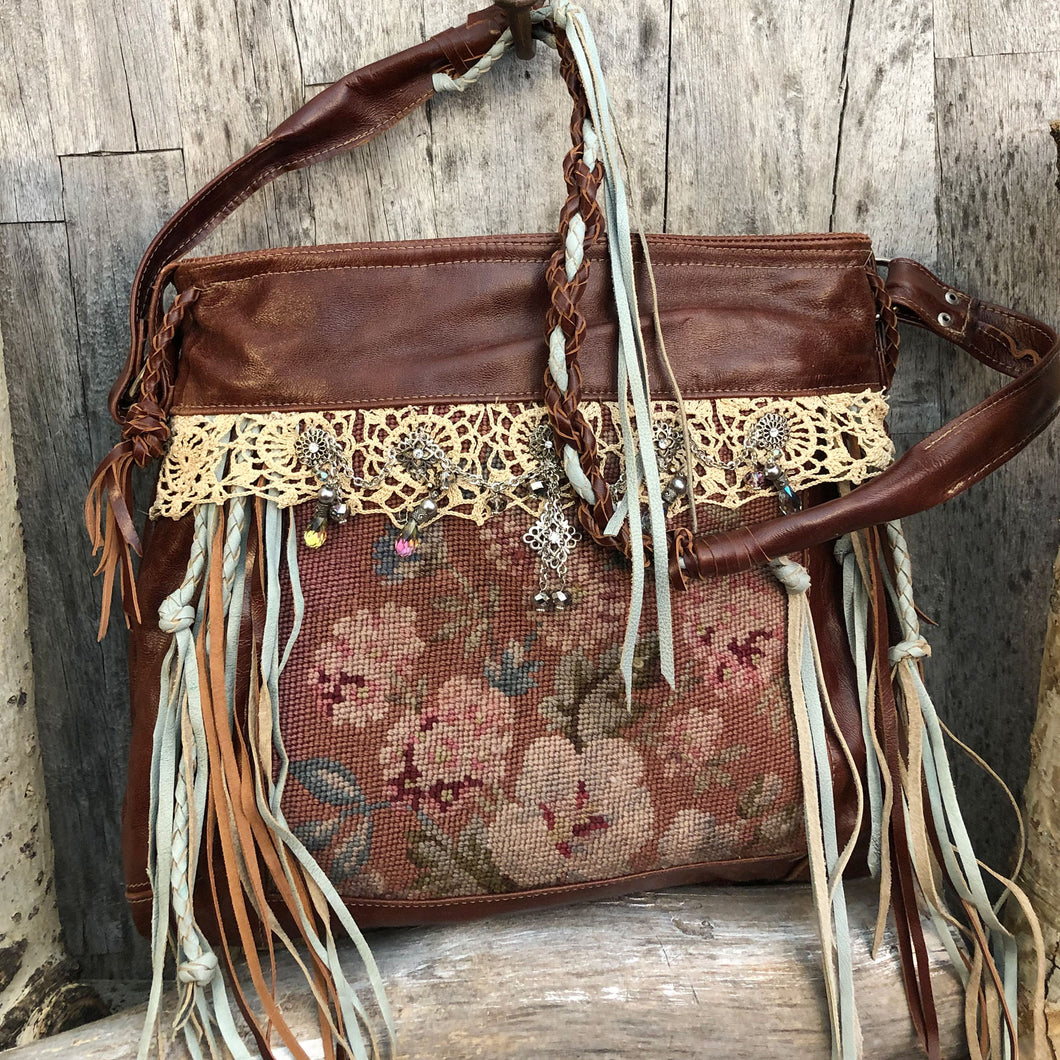 Western Bohemian Vintage Needlepoint and Italian Leather Bag