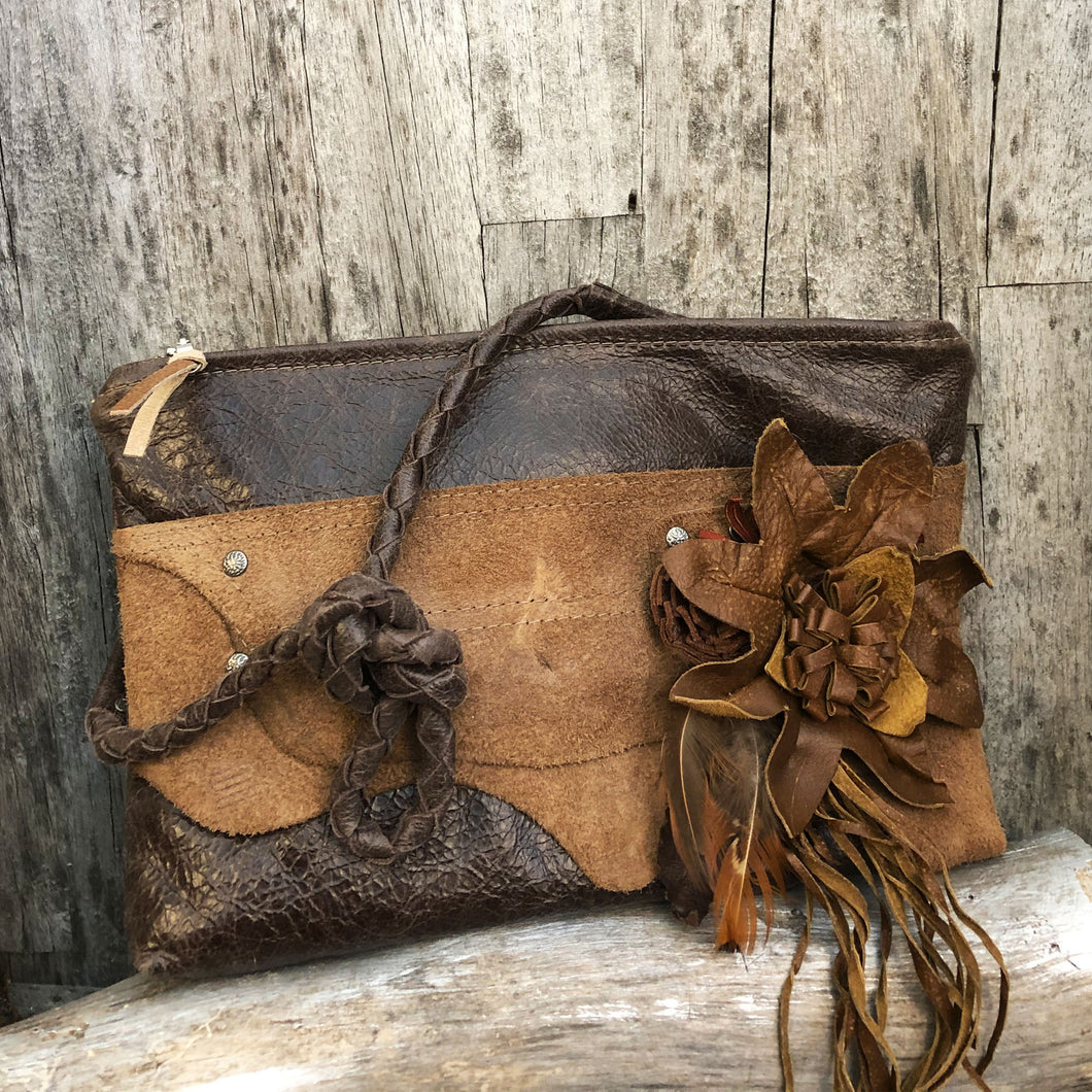 Convertible Cross Body Clutch with Hand Scutlpted Leather Flowers