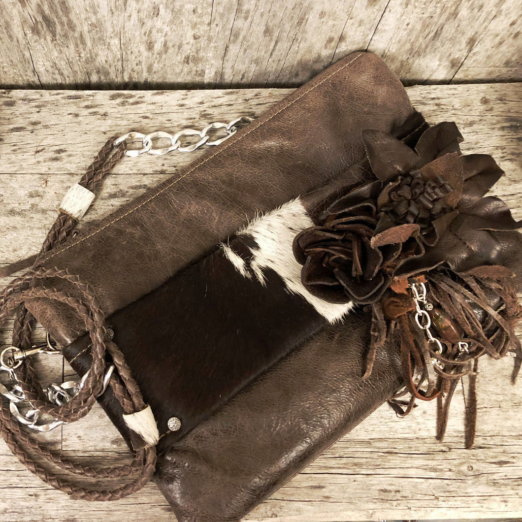 Italian Leather Cross Body Clutch with Cow Hide Wrist Strap