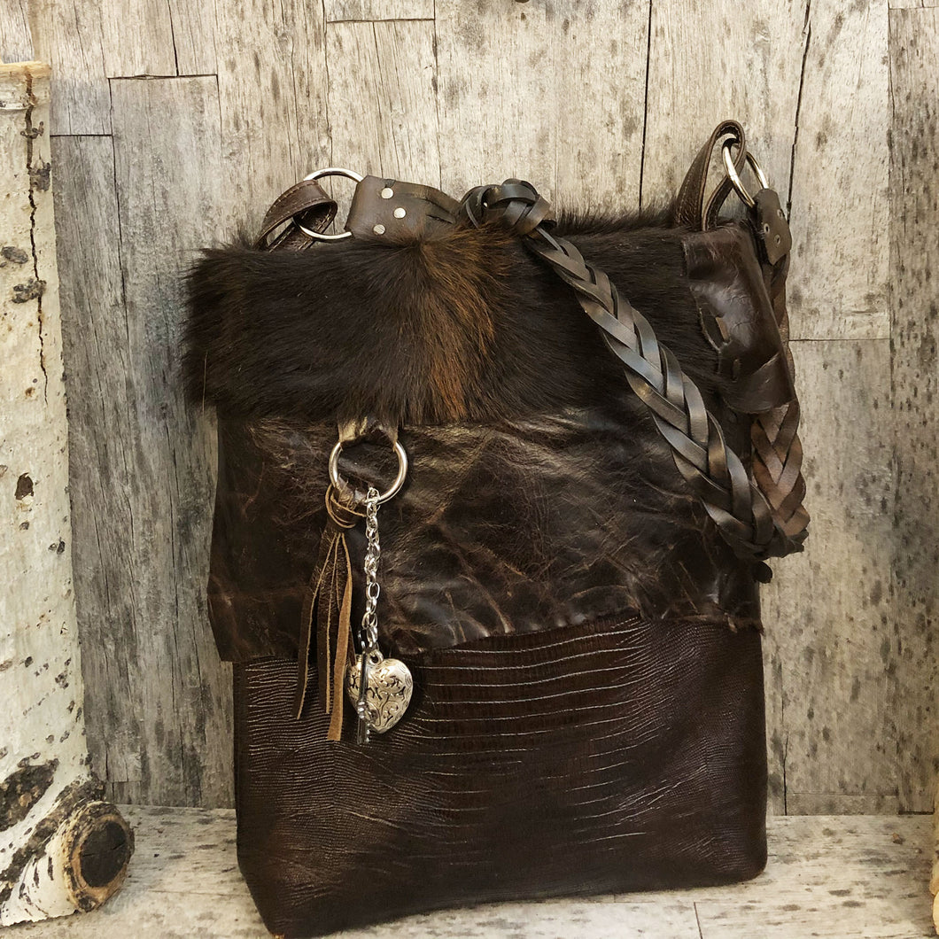 Rustic Leather and Cow Hide Bag with Braided Strap