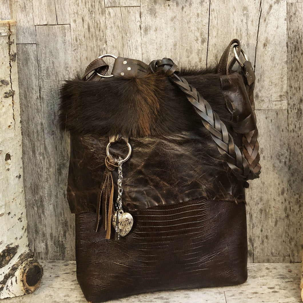 Rustic Leather and Cow Hide Bag with Braided Strap
