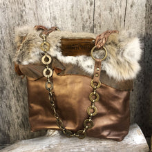 Load image into Gallery viewer, Metallic Copper Leather Tote with Rustic Leather and Fur Trim
