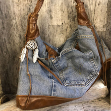 Load image into Gallery viewer, Denim and Leather Hobo Style Bag
