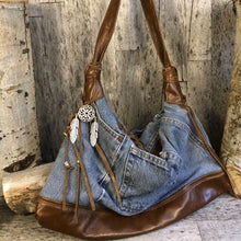 Load image into Gallery viewer, Denim and Leather Hobo Style Bag
