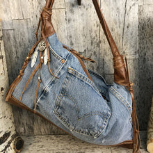 Load image into Gallery viewer, Denim and Leather Hobo Style Bag
