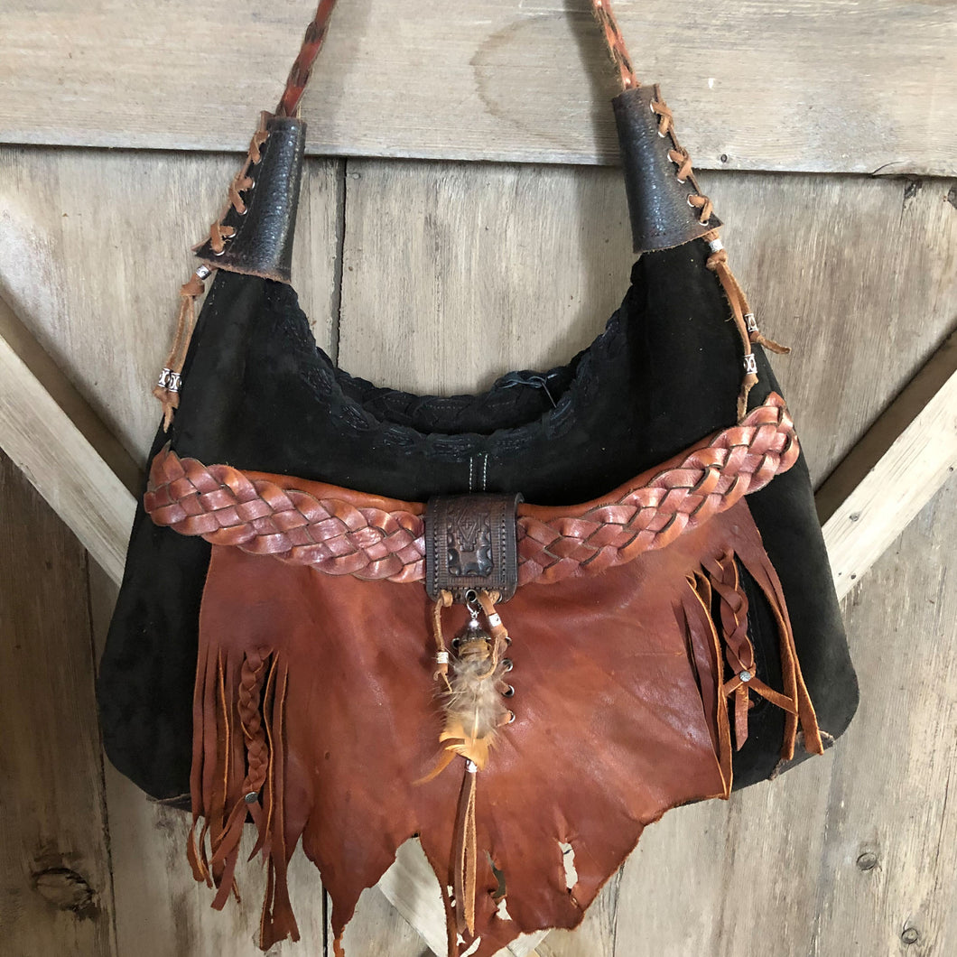 One-of-a-kind Black Suede Western Bohemian Hobo bag